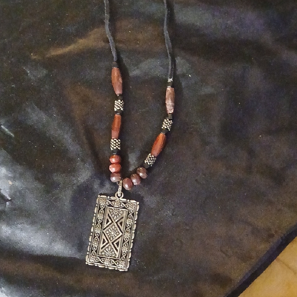 Silver and Brown Beaded Pendant Necklace